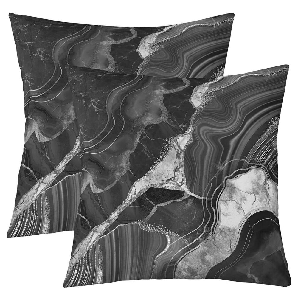 8908 Set of 2 Black Grey Marble Throw Pillow Covers 20X20 Inch, Gray